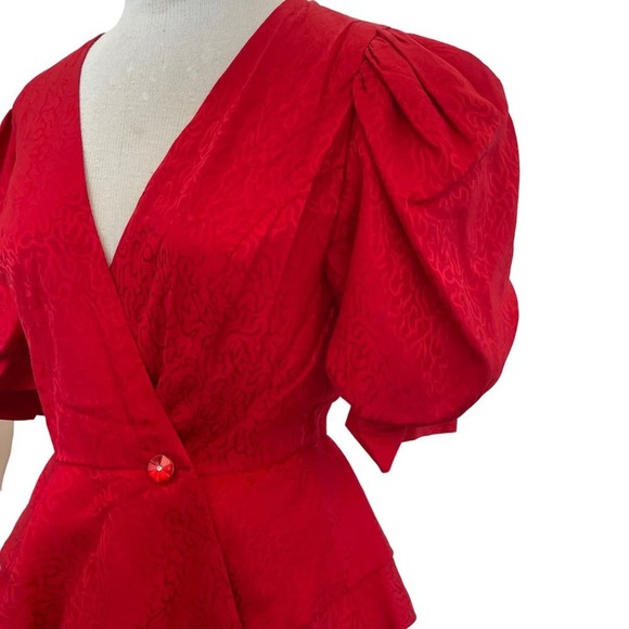 Vintage Mijoli Blouse Silk Puff Sleeves Iridescent Red Faux Wrap Top Sz 6 - Picture 11 of 16